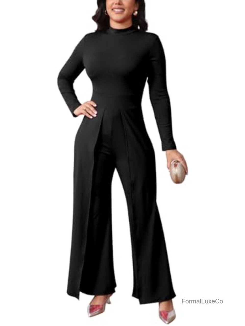 Elegant Long Sleeve Deep V Neck Wide Leg Party Jumpsuit